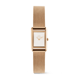 Bound Mini Melrose rose gold watch featuring a petite rectangular case, crisp white dial, and a fine mesh strap crafted from stainless steel with a PVD rose gold finish.