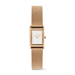 Bound Mini Melrose rose gold watch featuring a petite rectangular case, crisp white dial, and a fine mesh strap crafted from stainless steel with a PVD rose gold finish.
