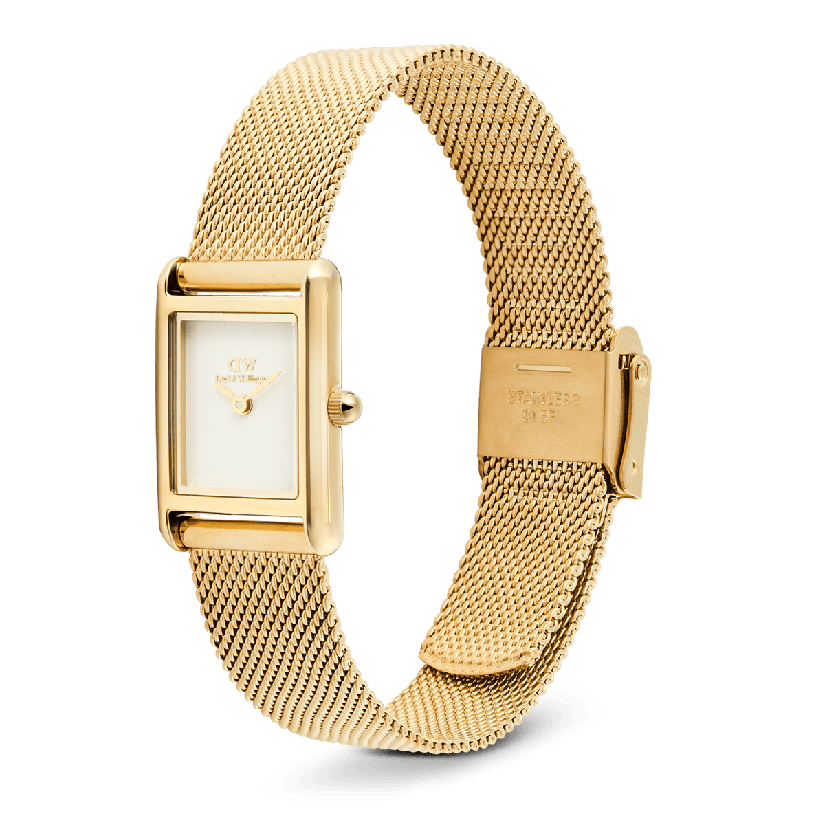 Bound Mini Evergold gold watch with a rectangular white dial, polished gold case, and an adjustable gold mesh strap with a stainless steel clasp, showcasing its elegant and modern design.