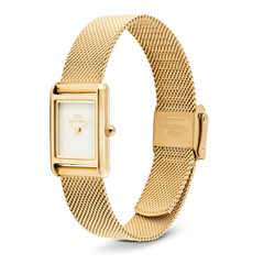 Bound Mini Evergold gold watch with a rectangular white dial, polished gold case, and an adjustable gold mesh strap with a stainless steel clasp, showcasing its elegant and modern design.
