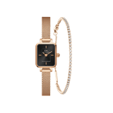 Rose gold Quadro Mini Melrose Onyx watch with a rectangular black dial and mesh strap, paired with a Classic Tennis Bracelet featuring a row of clear stones for a refined, contemporary jewellery set.