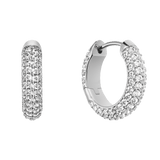 Pair of Pavé Crystal Earrings Silver featuring petite hoop design, rhodium plated brass and closely set cubic zirconia crystals for a sparkling, modern finish.