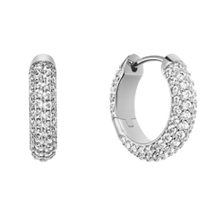 Pair of Pavé Crystal Earrings Silver featuring petite hoop design, rhodium plated brass and closely set cubic zirconia crystals for a sparkling, modern finish.