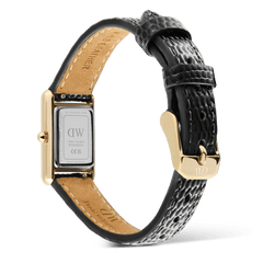 Rear view of the Bound Mini Black Lizard Gold watch showing the engraved stainless steel case back, genuine leather black lizard-texture strap, and gold pin buckle.