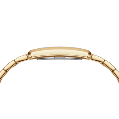 Side profile of the Bound 9-Link Gold watch highlighting the slim rectangular gold case and the seamless integration of the gold bracelet.