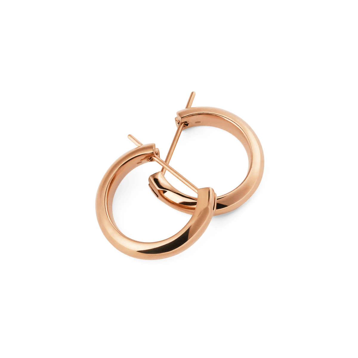 Pair of Arch Earring Rose Gold 12mm hoop earrings with a polished rose gold finish, shown overlapping to highlight their softly rounded, minimalist design and classic pin closure.
