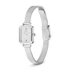 Quadro Mini Reflection Silver ladies watch with a slim rectangular case, minimalist silver dial, and an adjustable polished mesh strap, crafted from 316L stainless steel for a refined and modern finish.