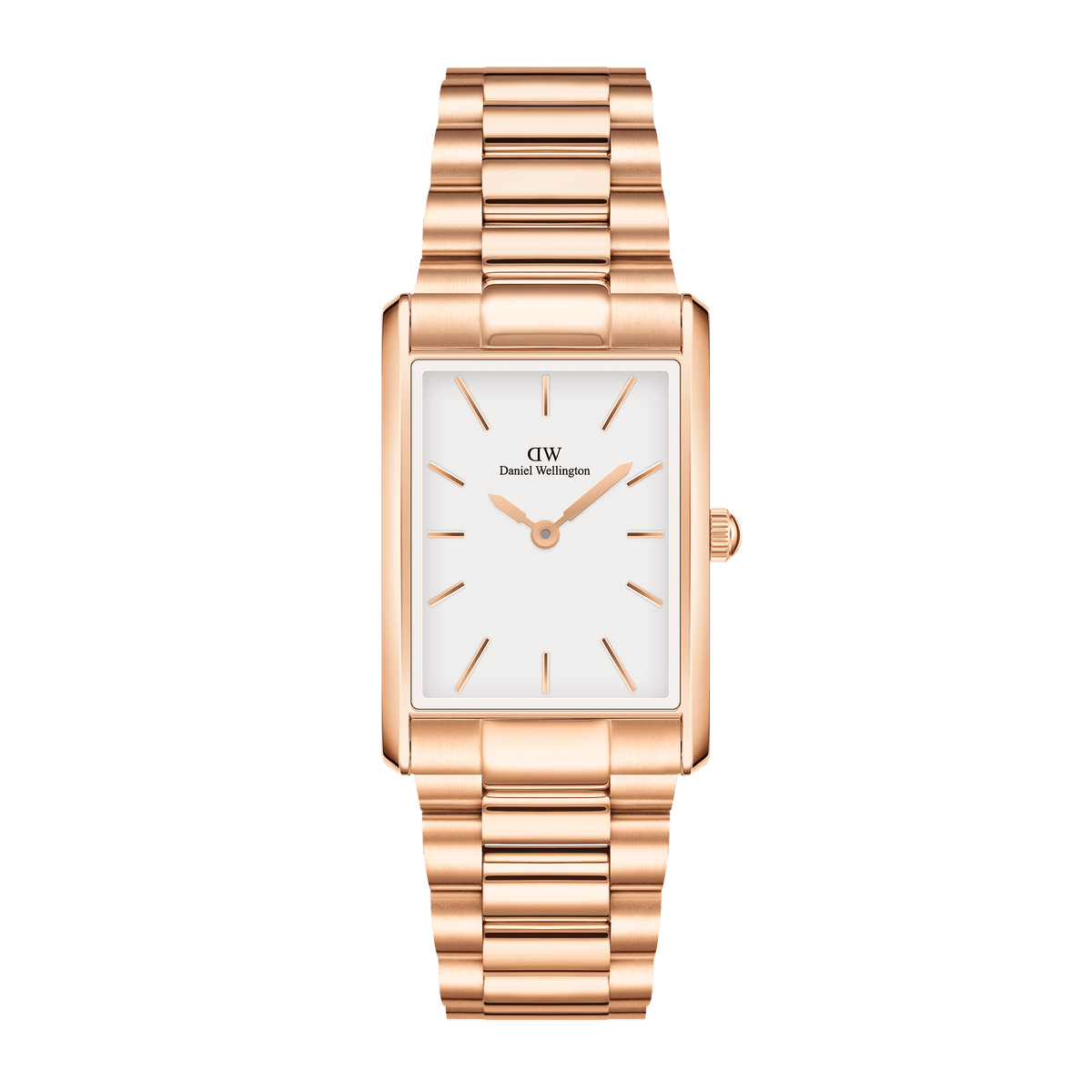 Bound 3-Link Rose Gold watch with a rectangular case, minimalist white dial, and polished rose gold 3-link bracelet, ideal for pairing with both formal and casual outfits.