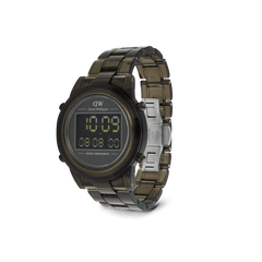 Daniel Wellington Retro Digital Dark Grey Dark Grey watch featuring a bold dark grey finish, square digital display, and a transparent bio-based plastic link strap with a secure butterfly clasp.