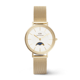 Petite Lune Evergold ladies gold watch with a 32mm round case, white dial, moon-phase sub-dial, and an adjustable gold mesh strap, designed for versatile everyday wear.
