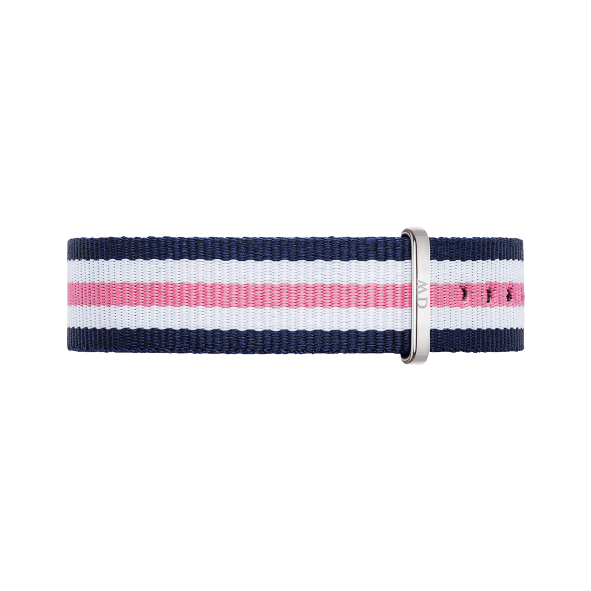 Southampton Strap Silver NATO style watch strap with navy, white, and pink stripes, featuring a polished silver buckle and durable woven polyester design.