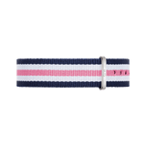Southampton Strap Silver NATO style watch strap with navy, white, and pink stripes, featuring a polished silver buckle and durable woven polyester design.