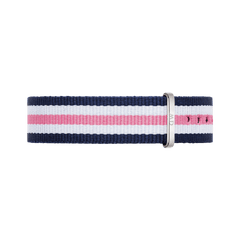 Southampton Strap Silver NATO style watch strap with navy, white, and pink stripes, featuring a polished silver buckle and durable woven polyester design.