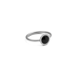 Elegant silver ring featuring a domed black agate centrepiece surrounded by a halo of white cubic zirconia, showcasing a modern and sophisticated design.