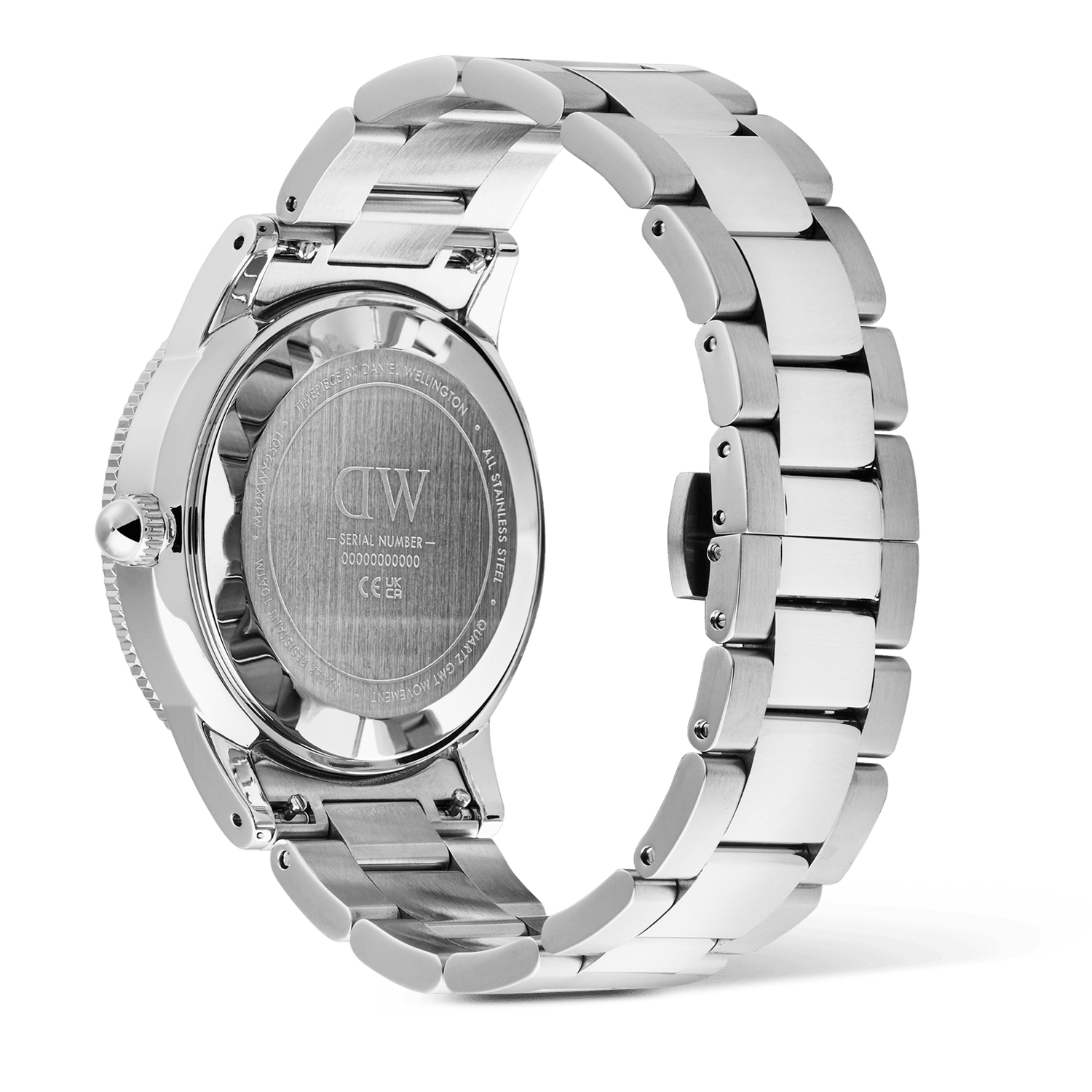 Rear view of the Iconic GMT Link Black Ceramic Bezel Silver watch, highlighting the brushed stainless steel case back, engraved details, and durable silver link bracelet.