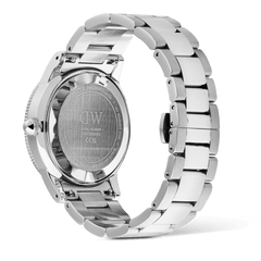 Rear view of the Iconic GMT Link Black Ceramic Bezel Silver watch, highlighting the brushed stainless steel case back, engraved details, and durable silver link bracelet.