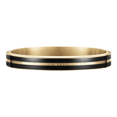Emalie Infinite Gold Black bracelet featuring polished gold stainless steel and deep black enamel, with minimalist engraved branding and a seamless bangle silhouette.