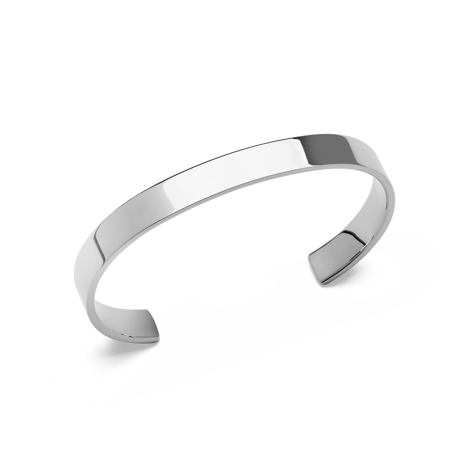 Line Cuff Polished Silver bracelet in stainless steel, featuring a sleek open cuff design with a high-polish finish and smooth edges for a modern, minimalist look.