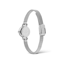 Rear view of the Petite Mini Sterling silver watch, showing the engraved case back, adjustable stainless steel mesh strap, and secure safety clasp.