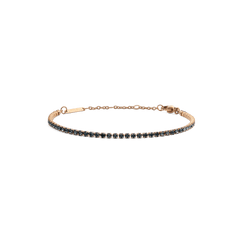 Slim rose gold tennis bracelet featuring a single row of dark Preciosa crystals, with an adjustable chain and lobster clasp for a comfortable, elegant fit.