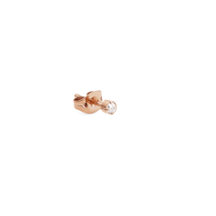 Crystal Stud Rose Gold earring featuring a petite cubic zirconia crystal in a hypoallergenic rose gold claw setting, shown with butterfly back for secure and comfortable wear.