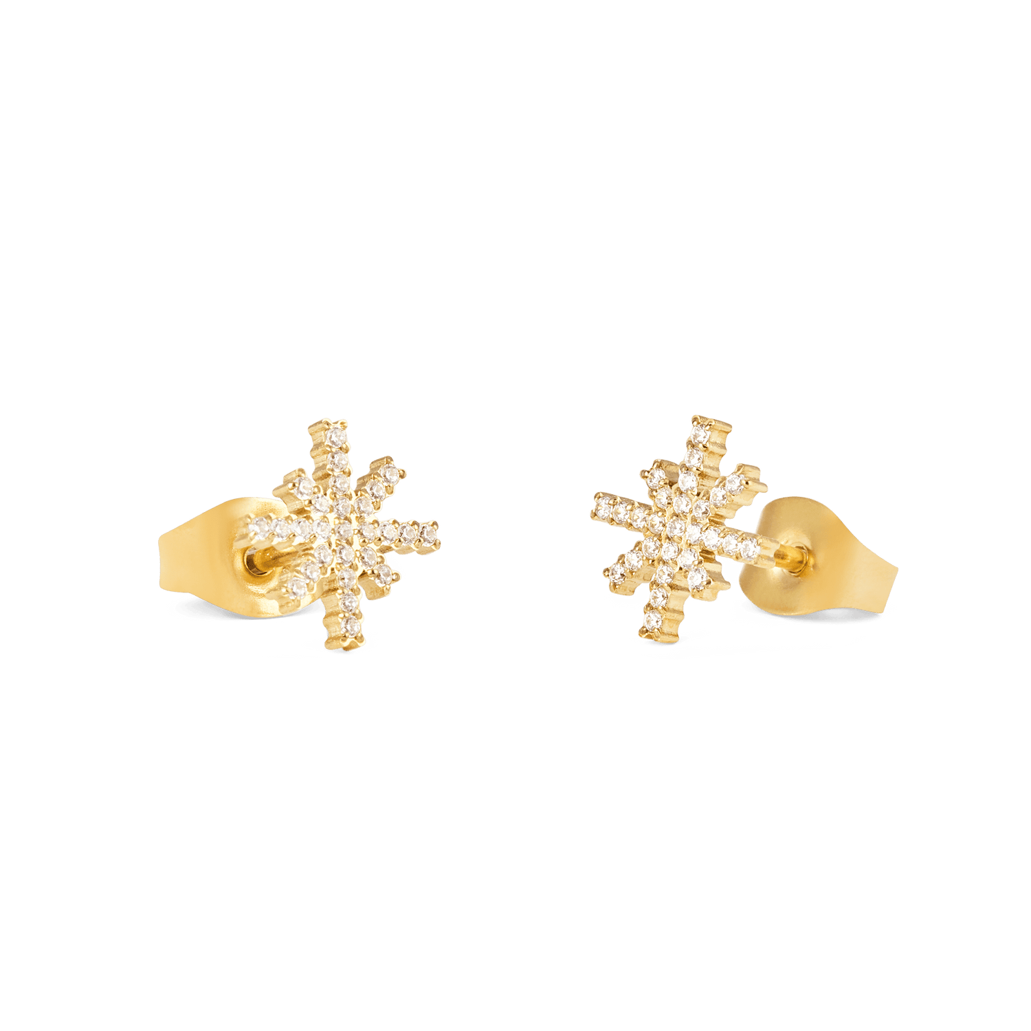 Mirelle Star Earring Gold stud earrings with starburst shapes, white cubic zirconia crystals, and polished gold butterfly backs, shown in a close-up view.