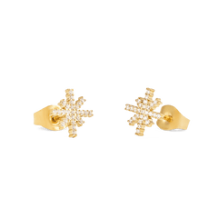 Mirelle Star Earring Gold stud earrings with starburst shapes, white cubic zirconia crystals, and polished gold butterfly backs, shown in a close-up view.