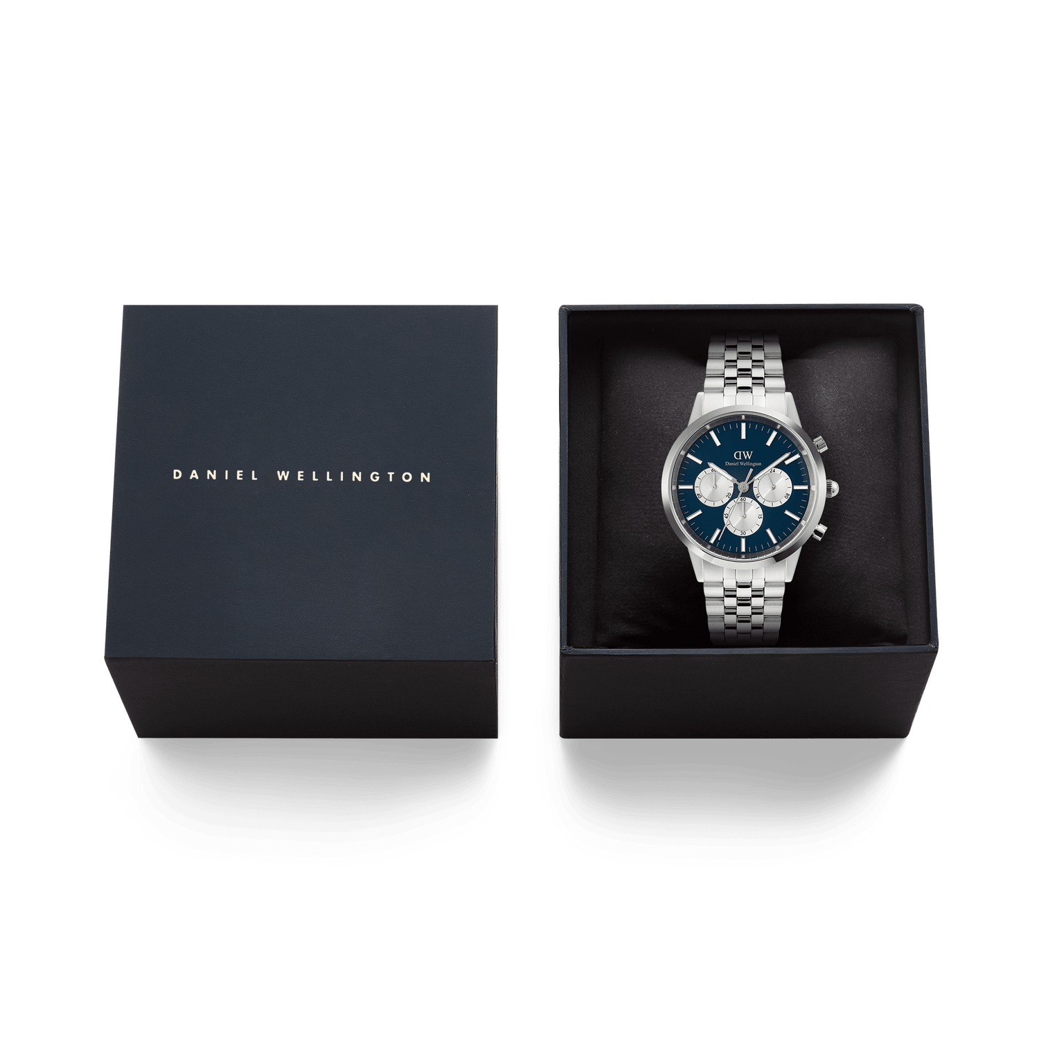 Iconic Chronograph Arch 5-Link Arctic Panda Silver men's watch with a blue dial and silver bracelet, elegantly presented in a branded Daniel Wellington gift box.