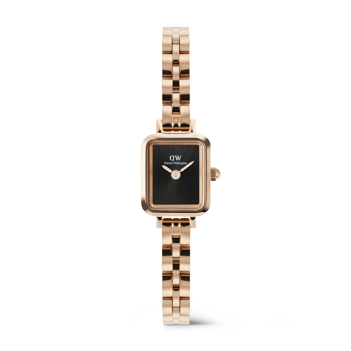 Quadro Mini Arch 3-link Onyx Sunray Rose Gold ladies watch with a petite rectangular rose gold case, black sunray dial, and three-link rose gold bracelet, designed for a refined and minimalist look.