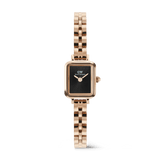 Quadro Mini Arch 3-link Onyx Sunray Rose Gold ladies watch with a petite rectangular rose gold case, black sunray dial, and three-link rose gold bracelet, designed for a refined and minimalist look.