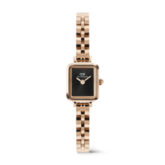 Quadro Mini Arch 3-link Onyx Sunray Rose Gold ladies watch with a petite rectangular rose gold case, black sunray dial, and three-link rose gold bracelet, designed for a refined and minimalist look.