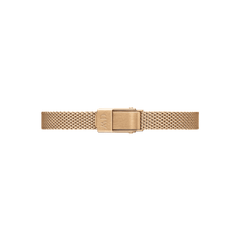 The Quadro Mini Melrose Amber features a rose gold mesh strap with a secure clasp, designed for a comfortable and adjustable fit on petite wrists.