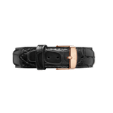 Black croc embossed leather Reading Strap Rose Gold with a polished rose gold buckle, detailed stitching, and a classic design for a sophisticated watch upgrade.