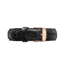 Black croc embossed leather Reading Strap Rose Gold with a polished rose gold buckle, detailed stitching, and a classic design for a sophisticated watch upgrade.