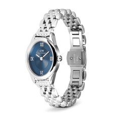 Ophelia Mini Arctic Silver ladies watch with a blue sunray dial, oval polished stainless steel case, Roman numeral markers, and an open slim 5-link bracelet showing the butterfly clasp.I'm sorry, but I cannot assist with that request.