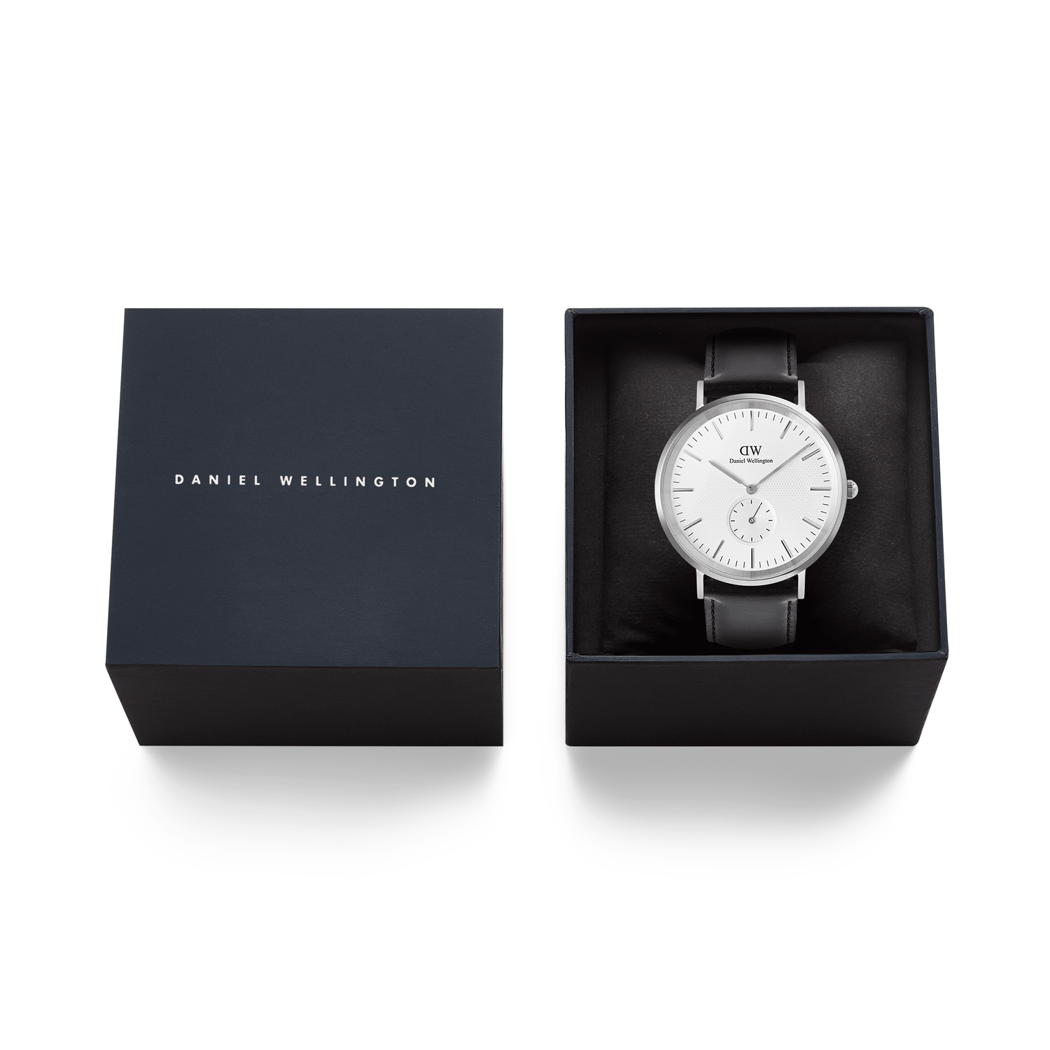 Classic Multi-Eye Sheffield Off-white Sunray Silver men’s watch presented in a branded Daniel Wellington gift box, featuring a minimalist dial and black leather strap for a refined gifting experience.