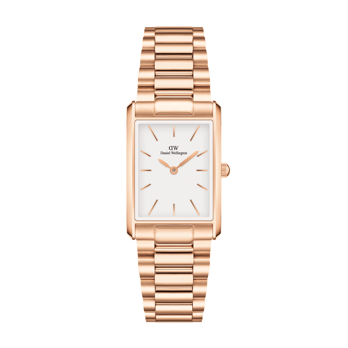 Bound 3-Link Rose Gold watch featuring a slim rectangular case, minimalist white dial, and polished rose gold 3-link bracelet, designed for everyday versatility and a refined look.