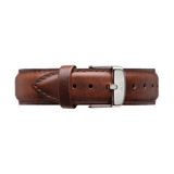 St Mawes Strap Silver showcases rich brown genuine leather with a smooth finish, detailed stitching, and a polished silver buckle, suitable for both men's and women's watches.