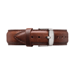 St Mawes Strap Silver showcases rich brown genuine leather with a smooth finish, detailed stitching, and a polished silver buckle, suitable for both men's and women's watches.