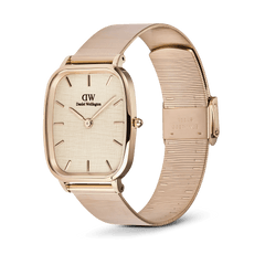 Marlon Wire Linen Rose Gold watch with a rectangular rose gold case, linen-textured dial in soft yellow, minimalist hour markers, and an adjustable slim mesh bracelet with a secure clasp.