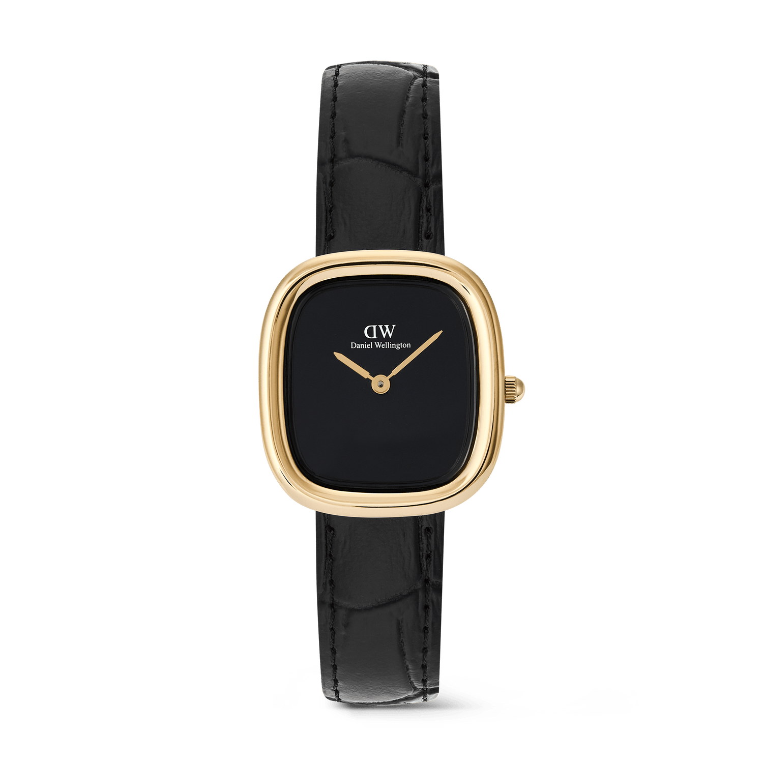 Margot Reading Onyx Ceramic Gold ladies watch featuring a petite rectangular gold-tone case, minimalist black dial without indices, and a black croco-embossed leather strap.