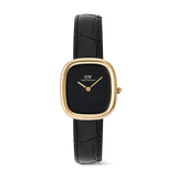 Margot Reading Onyx Ceramic Gold ladies watch featuring a petite rectangular gold-tone case, minimalist black dial without indices, and a black croco-embossed leather strap.