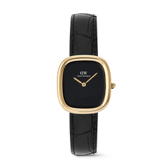 Margot Reading Onyx Ceramic Gold ladies watch featuring a petite rectangular gold-tone case, minimalist black dial without indices, and a black croco-embossed leather strap.