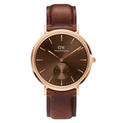Classic Multi-Eye St Mawes Amber Rose Gold men's watch with a round rose gold case, brown amber dial, minimalist markers, and a genuine brown leather strap. The chronograph subdial and refined detailing highlight its versatile, elegant style suitable for everyday wear.