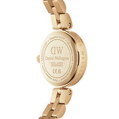 Back view of the Elan Lumine Unitone Gold ladies watch showing the engraved Daniel Wellington branding, stainless steel construction, and secure three-link bracelet.