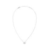 Silver necklace with a delicate chain featuring a round mother of pearl pendant framed by a halo of white cubic zirconia crystals, highlighting its minimalist and elegant design.