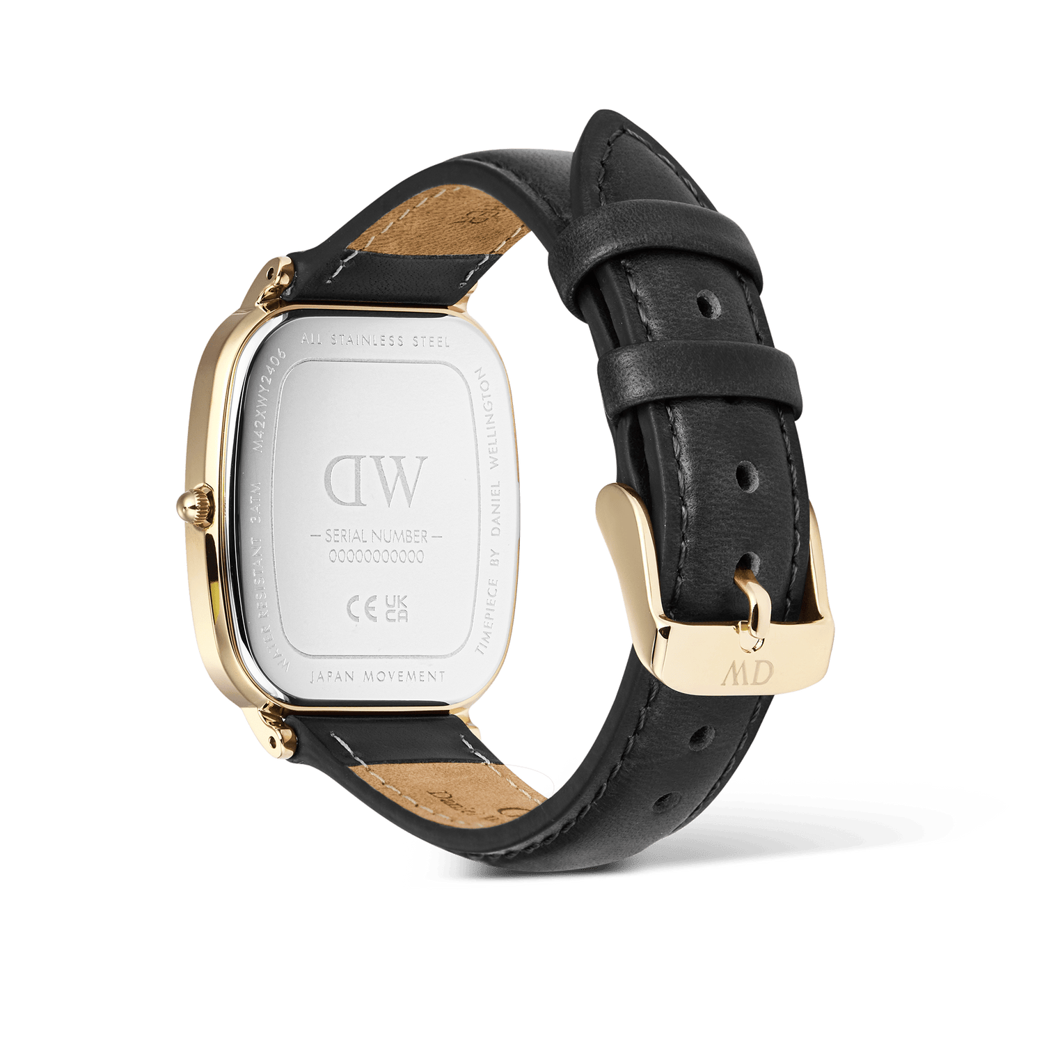 Rear view of the Marlon Sheffield Linen Gold men's watch, showing the engraved stainless steel case back, genuine black leather strap, and polished gold pin buckle, emphasising its quality craftsmanship and adjustable fit.