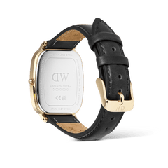 Rear view of the Marlon Sheffield Linen Gold men's watch, showing the engraved stainless steel case back, genuine black leather strap, and polished gold pin buckle, emphasising its quality craftsmanship and adjustable fit.