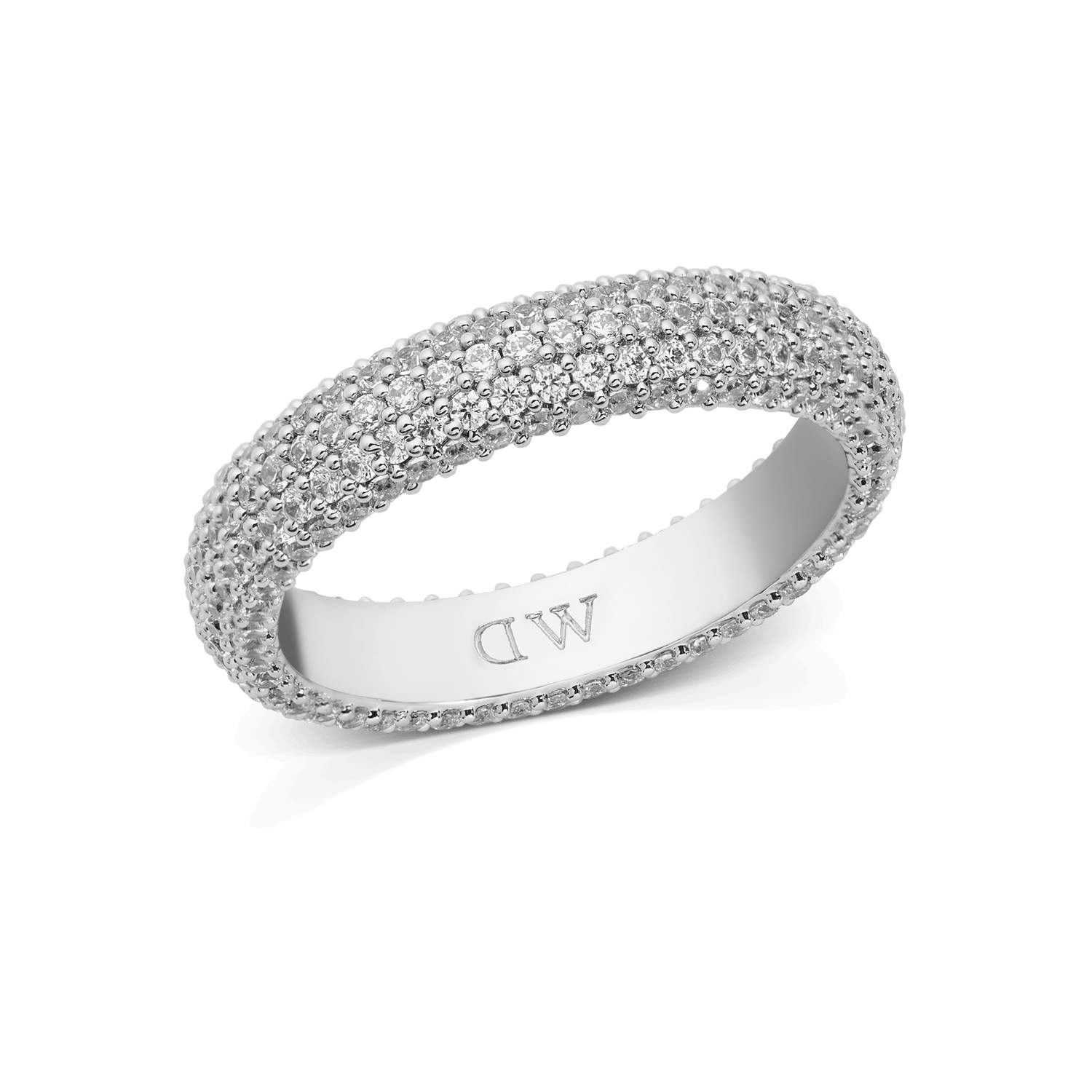 A wide silver pavé ring with a 5 mm band, fully set with multiple rows of sparkling white crystals for a bold, elegant look. The inside of the ring is polished, highlighting its quality craftsmanship and comfortable fit.