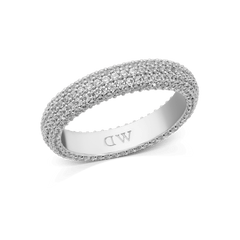 A wide silver pavé ring with a 5 mm band, fully set with multiple rows of sparkling white crystals for a bold, elegant look. The inside of the ring is polished, highlighting its quality craftsmanship and comfortable fit.